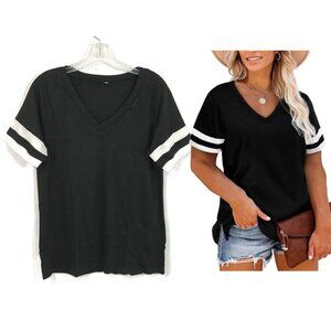 Women's V-Neck Jersey Knit Top Black White Size S